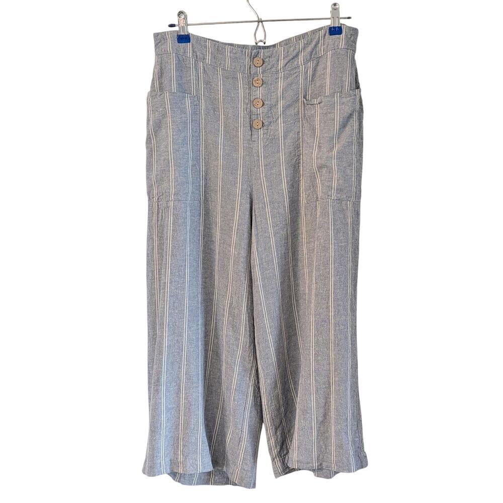 Lauren Conrad Blue Stripe Linen Blend Crop Wide Leg Pants Large Pockets Coastal